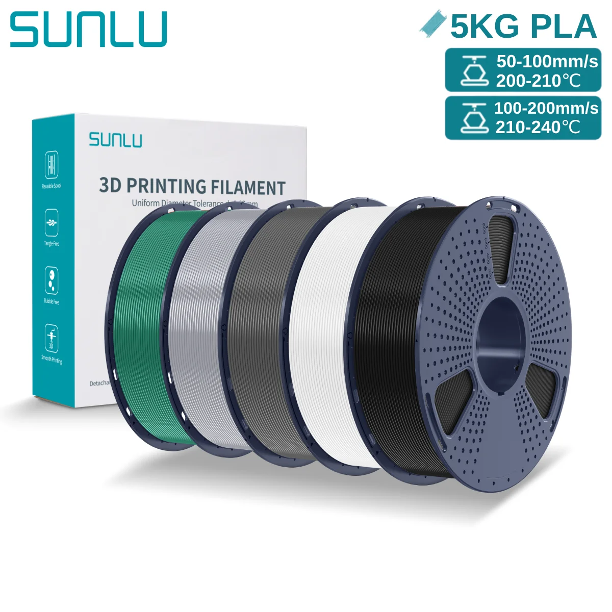 SUNLU 3D PLA Filament 1.75mm 5KG Multicolor Neatly Wound PLA Plastic 3D Filaments with Reusable Spool for Most FDM 3D Printer