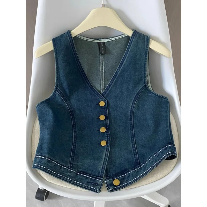 American Retro Denim Vest Female 2025 Stacked Sleeveless Vest