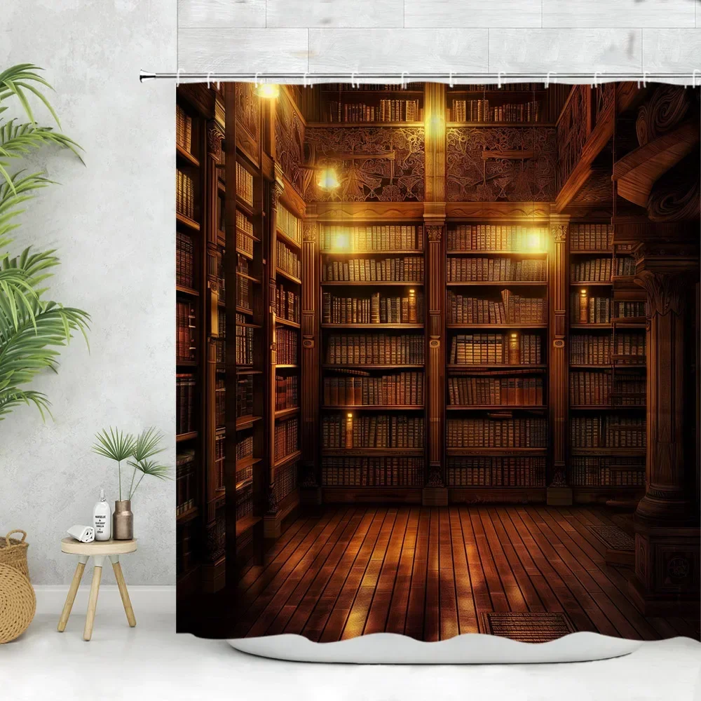 Vintage Library Shower Curtain Old Book Bookshelf Candle Magic Wooden Antique Polyester Fabric Bathroom Decora Curtain Washable