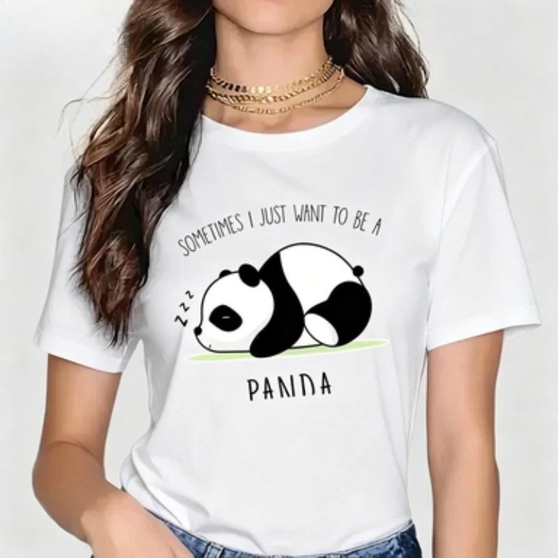 Ladies Slim Fit Crew Neck T‑Shirt Adorable Sleepy Panda Art Print Short Sleeve Cotton Lovely Animal Theme Casual Tops for Women