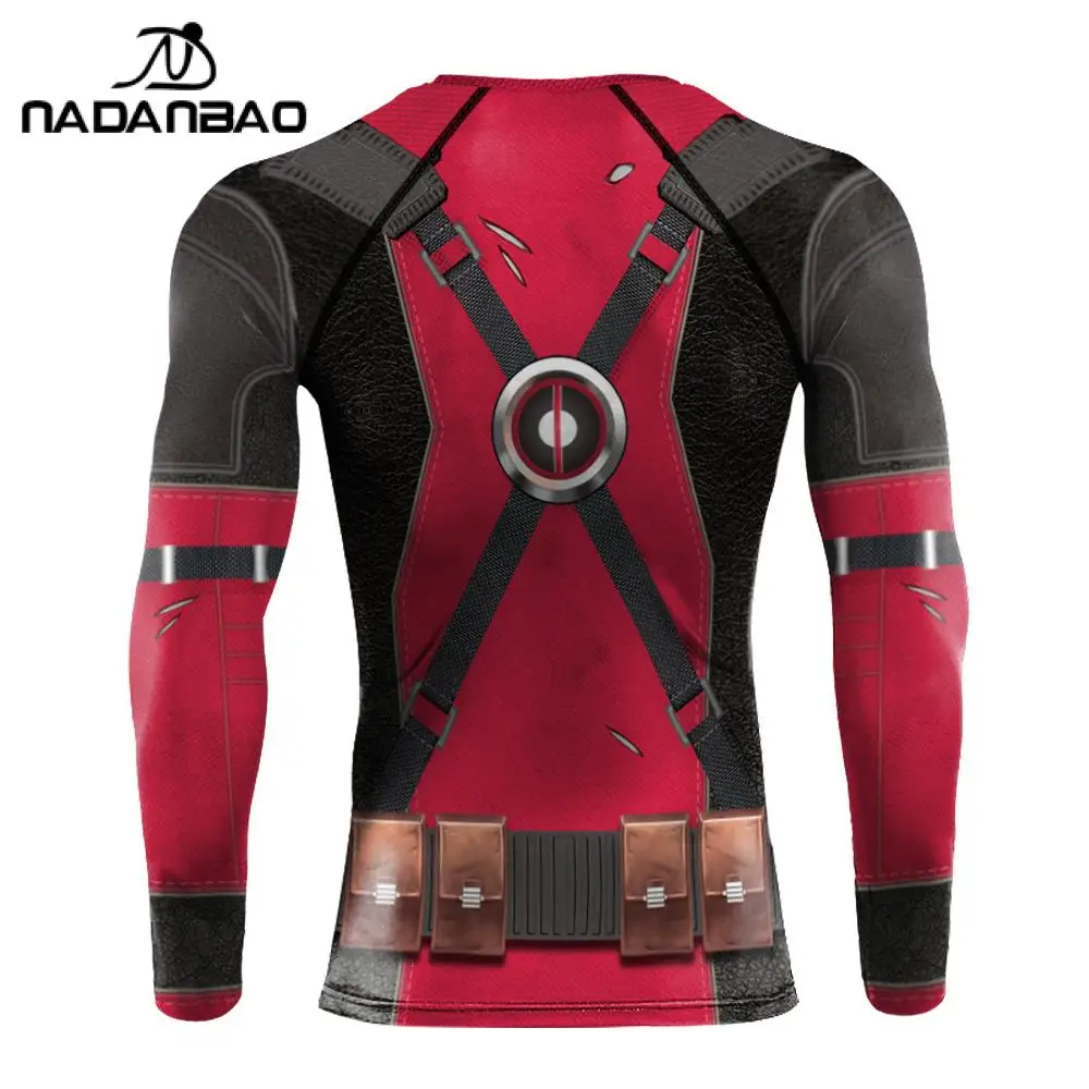 NADANBAO Men Long Sleeve  Anime Deadpool Wolverine Print Compression Shirts Workout Swim Rash Guards Surfing Workout Fitness Top