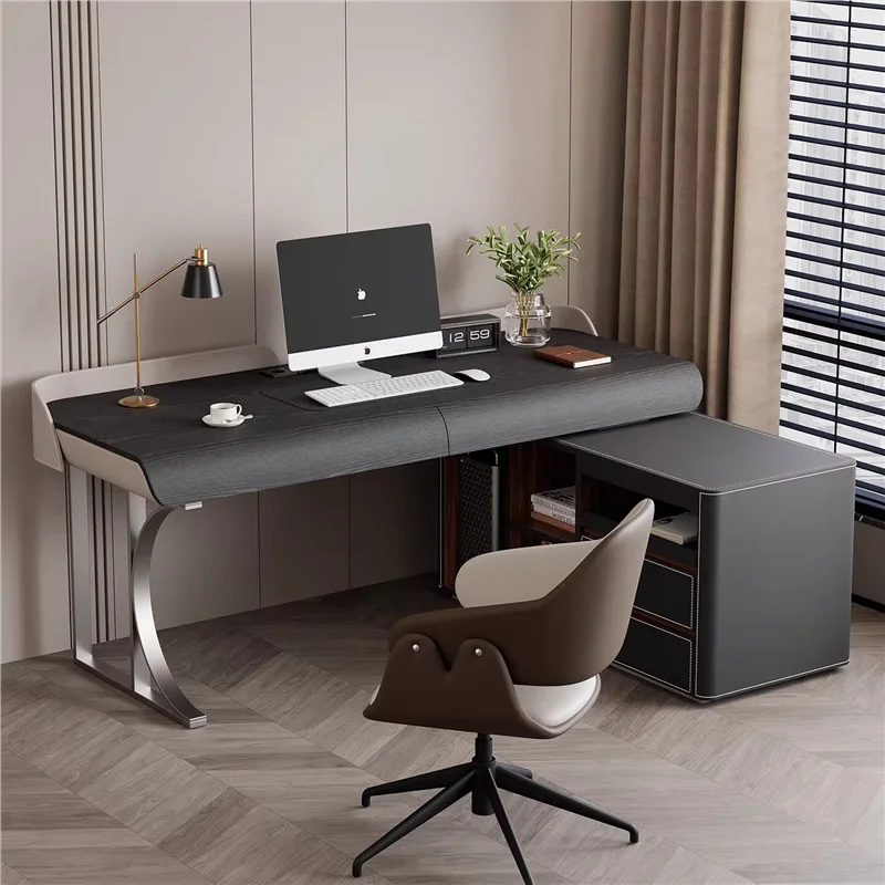 Italian minimalist high-end desk, minimalist office desk for home study, walnut wood finish modern light luxury computer desk