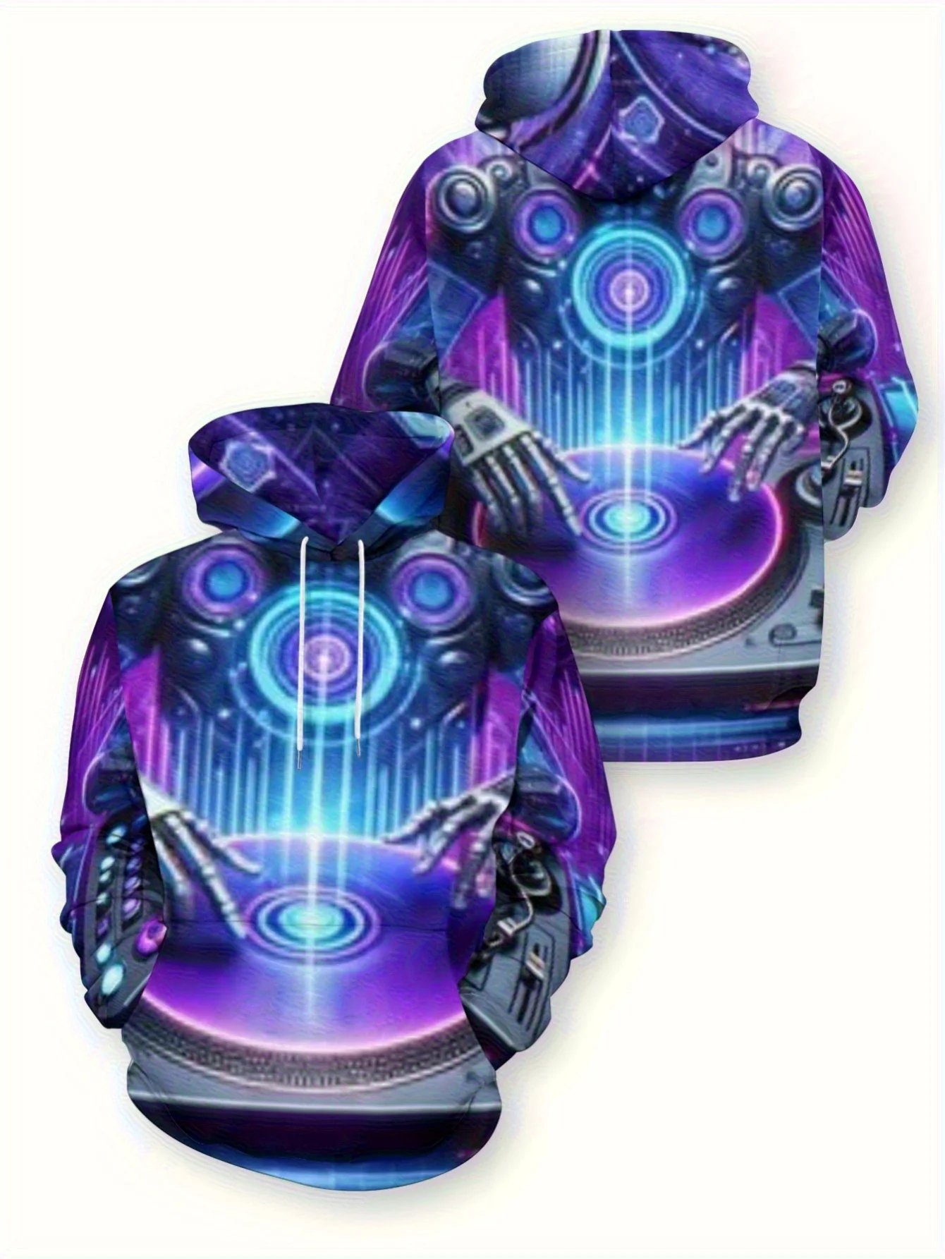 Men Neon DJ Turntable Robot Hand 3D Print Hoodie Long Sleeve Club Street Pullover Sweatshirt