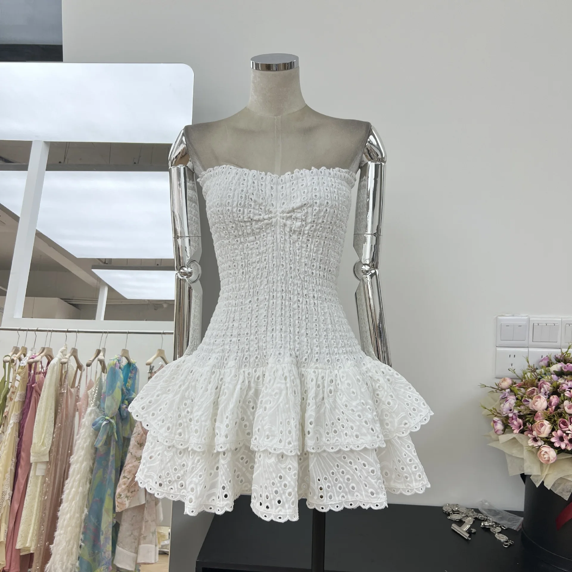 Luxury Embroidery Print Short Dresses Women 2025 Summer Holiday Stretchy Corset Bustier Ruffle Cake Dress Elegant Party Vestidos