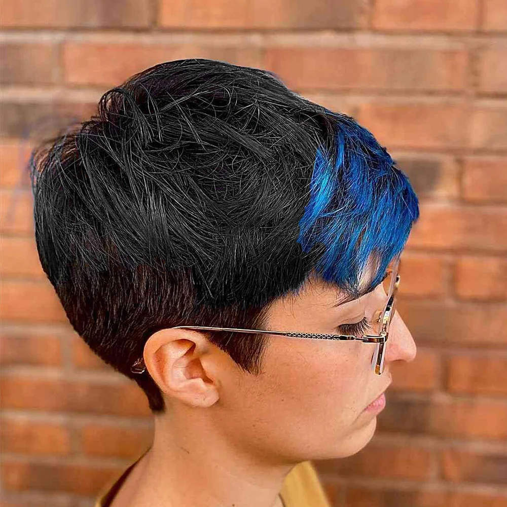 Peruca Curta de Cabelo Humano de 4 Polegadas, Peruca Pixie Cut, Cabelo Brasileiro Liso, Peruca de Cabelo Preto e Azul, Pré-arrancada, Feita à Máquina