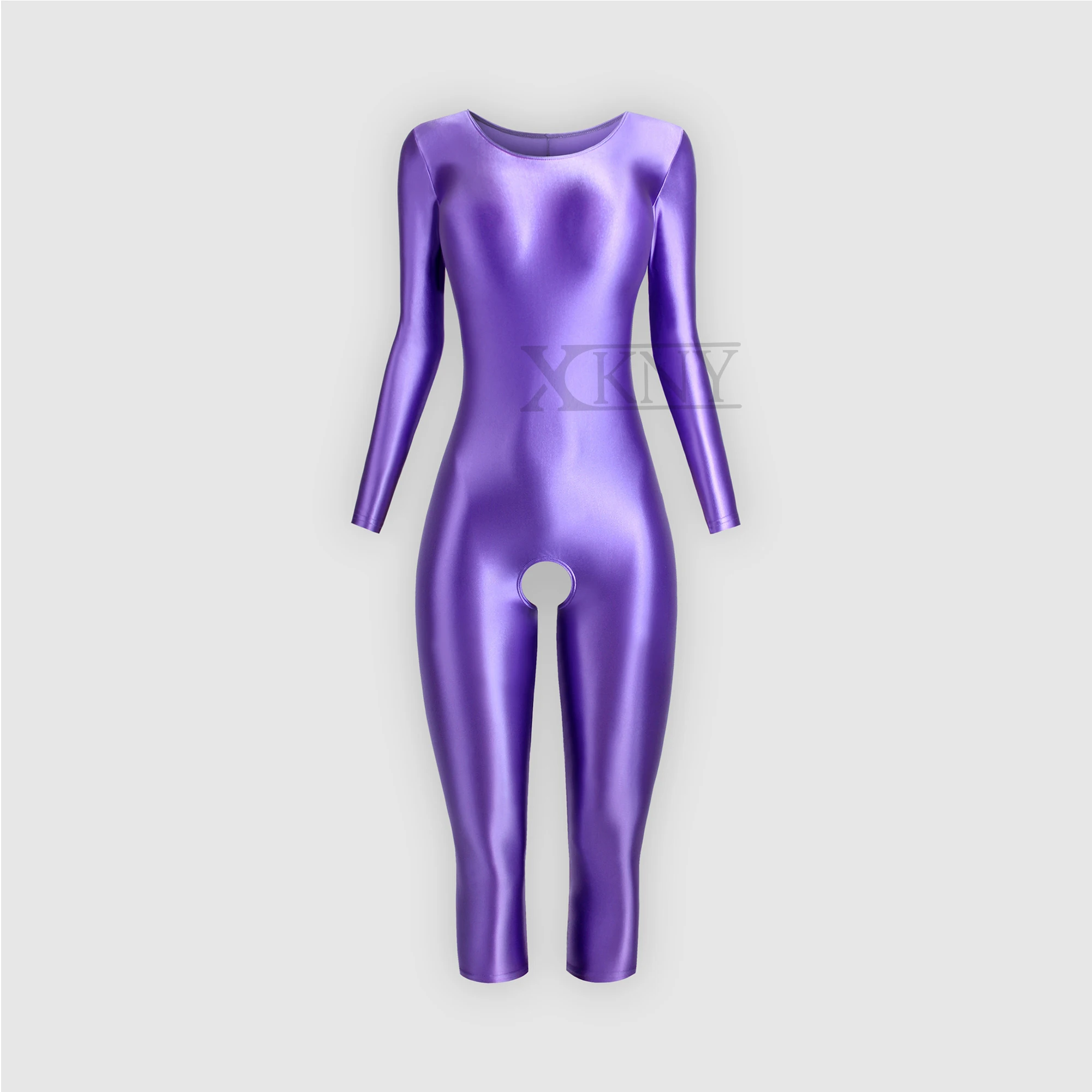 XCKNY satin glossy tights oily silky round neck suit Yoga Leotards long sleeved 7-point length open pants tights unisex swimsuit