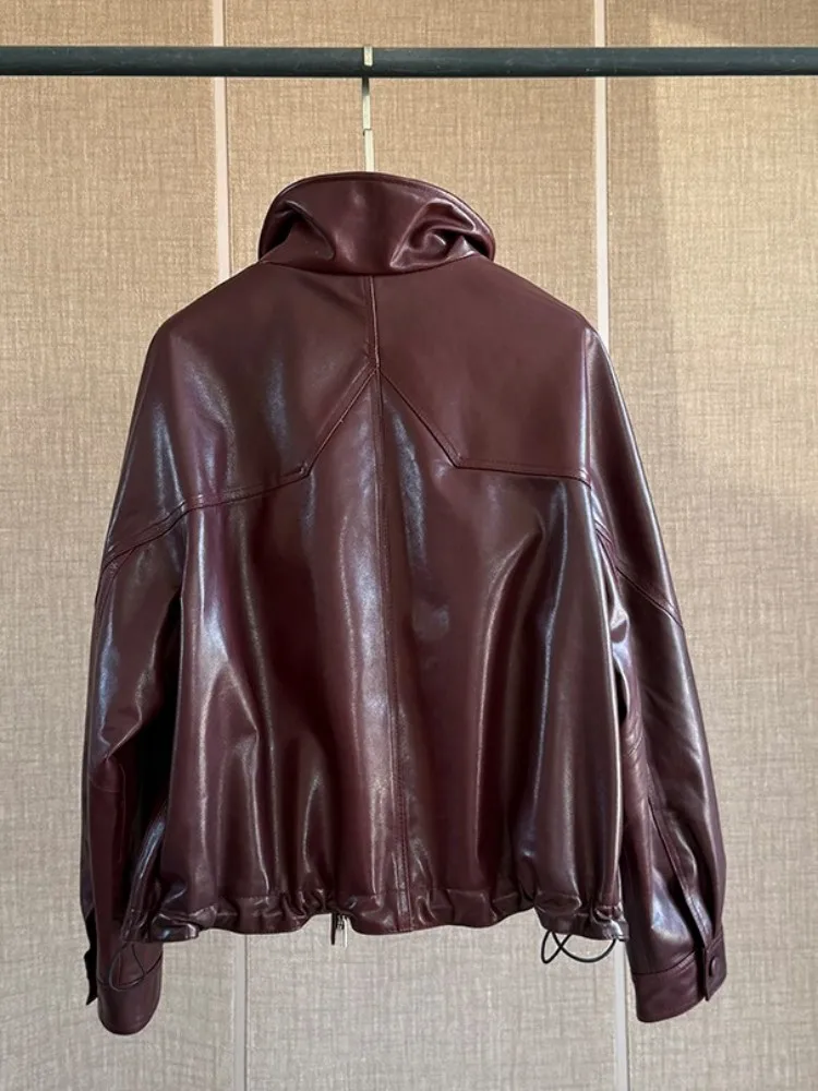 Hohe Qualität Frauen Mode Kurze Echtes Leder Jacke Mantel Stehkragen Echt Schaffell Lose Fit Retro Zipper Chic Oberbekleidung