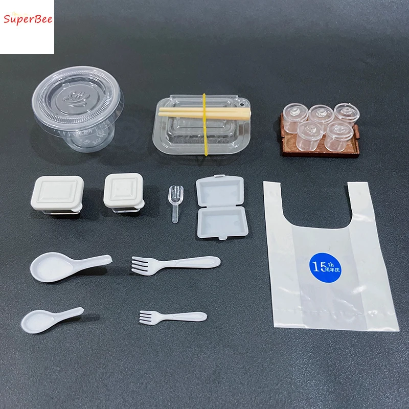 Doll House Miniature Food Toys Disposable Packaging Box/packing Bucket/packing Bag/spoon/Fork/Spice Jar Furniture Accessories