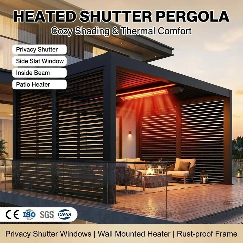 All Weather Aluminum Pergola Privacy Shutter High-Efficiency Wall-Mounted Heater Residential Balcony Deck