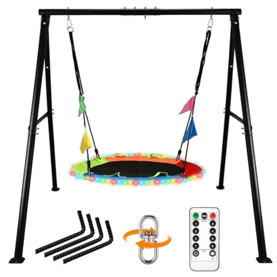

Садовые качели-дискообразные 40-дюймовые качели-летающая тарелка с металлической А-образной рамой повышенной прочности, грузоподъемность 200 кг, 8 режимов игры, 4-цветная LED-подсветка