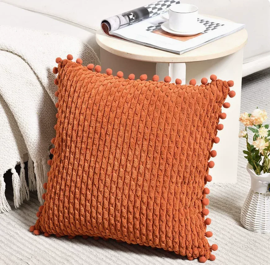 Orange Fall Pom-Pom Throw Pillow Covers 18x18 Inch, Rustic Farmhouse Boho Soft Plush Corduroy Cushion Cover 30x50CM/50x50CM