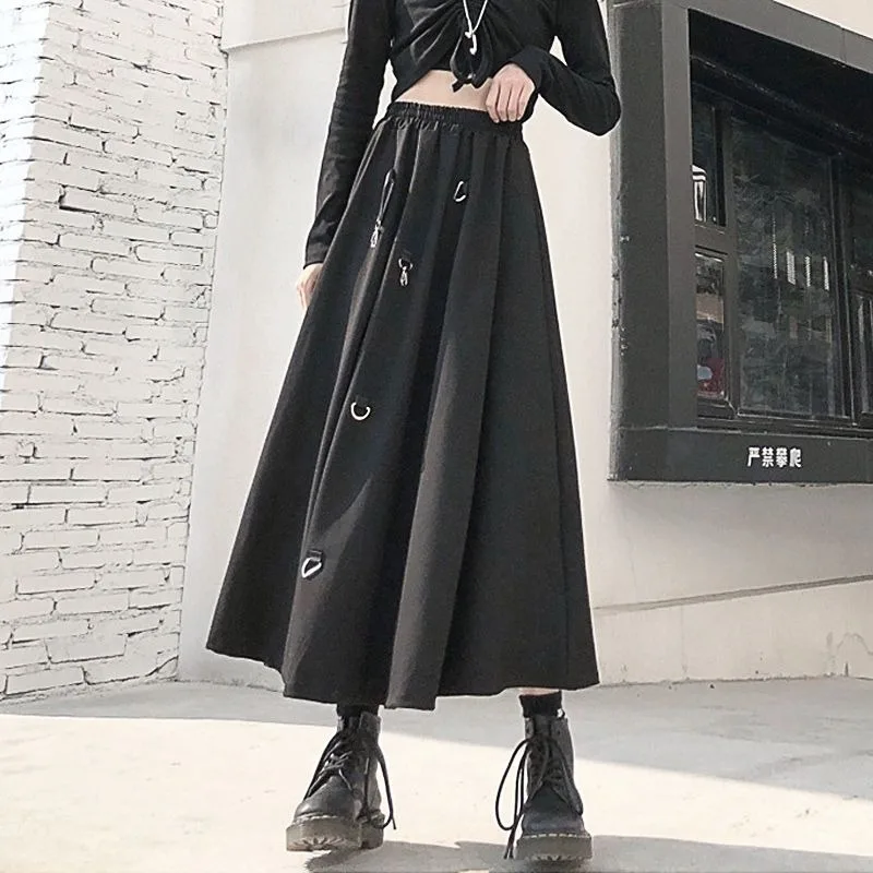 Streetwear Harajuku Summer Women Skirt 2024 New Vintage Black Cargo Skirts Elastic Waist Loose A-line Skirt