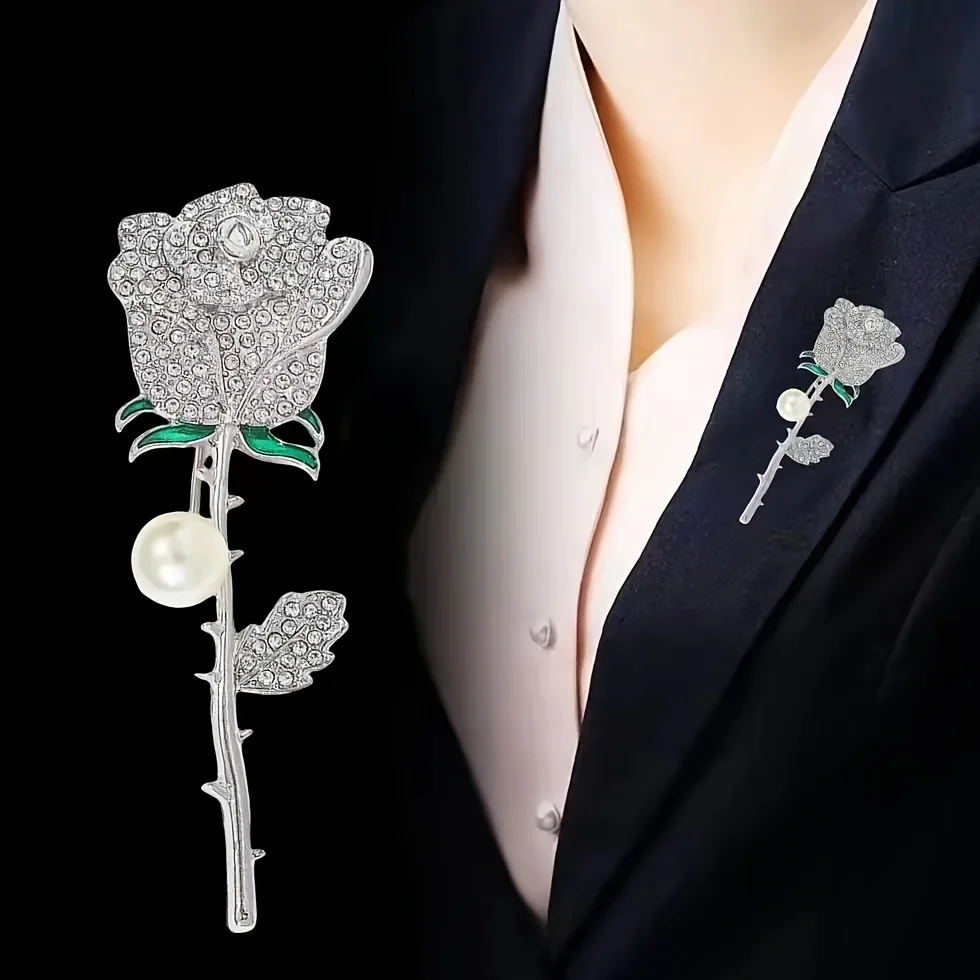 Fashion Gold Rhinestone Rose Brooch for Women, Luxury Metal Pearl Flower Brooch Pin, Wedding Party Jewelry Gift