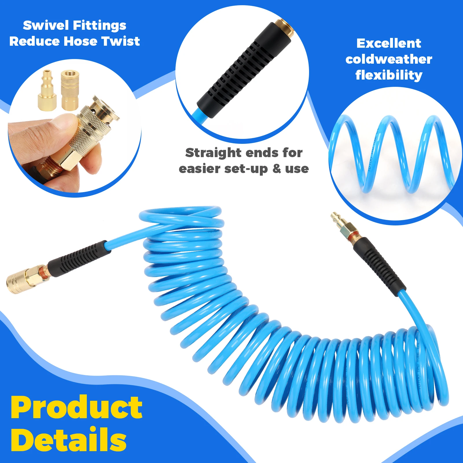 Selang Kompresor Udara 1/4NPT dengan Coupler dan Steker 25 Kaki Fleksibel PU Selang Udara Mundur Aksesori Alat Anti Kink untuk Penggunaan Industri