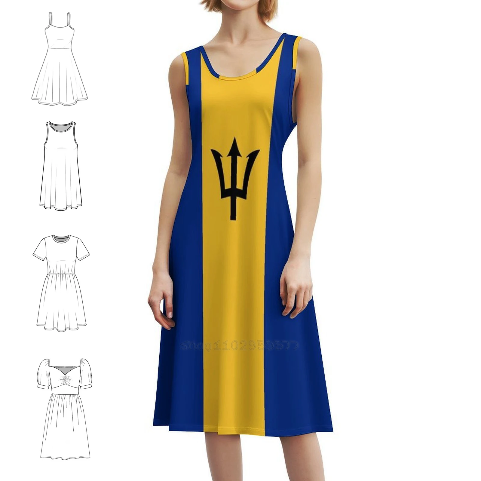 

Barbados Flag Bohemian Sleeveless Dress Multi-Print Beach Vacation Party Dress Barbados Barbadian Bridgetown Caribbean Womens