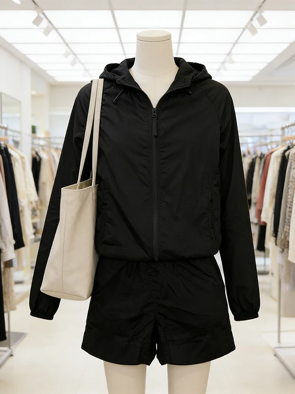 Large Size Women's Spring Casual Hooded Long Sleeve Sun Protection Top And Short Pants Two-Piece Set for Commuting And Leisure