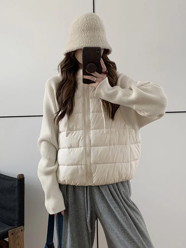 Lightweight Knitted Sweater Sleeve Patchwork down Cotton Jacket Women's Short Style 2025 Winter New Arrival Small Size Cotton...