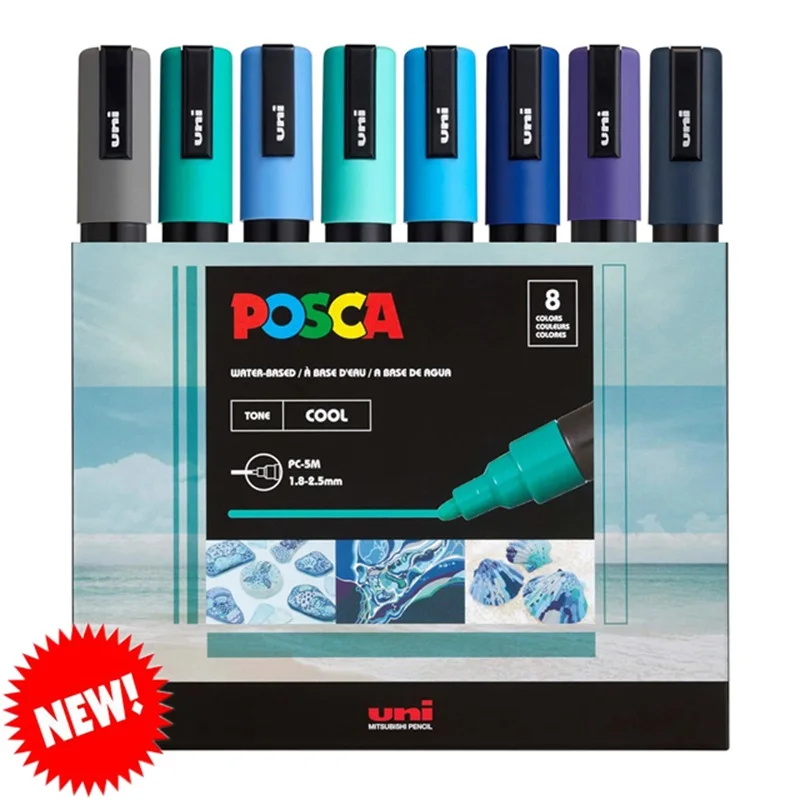 New Uni Posca Marker Pen PC-5M 8 Color Set,Line width 1.8-2.5mm Medium Paint Pens,Acrylic Water-Based Painting Graffiti Art Tool