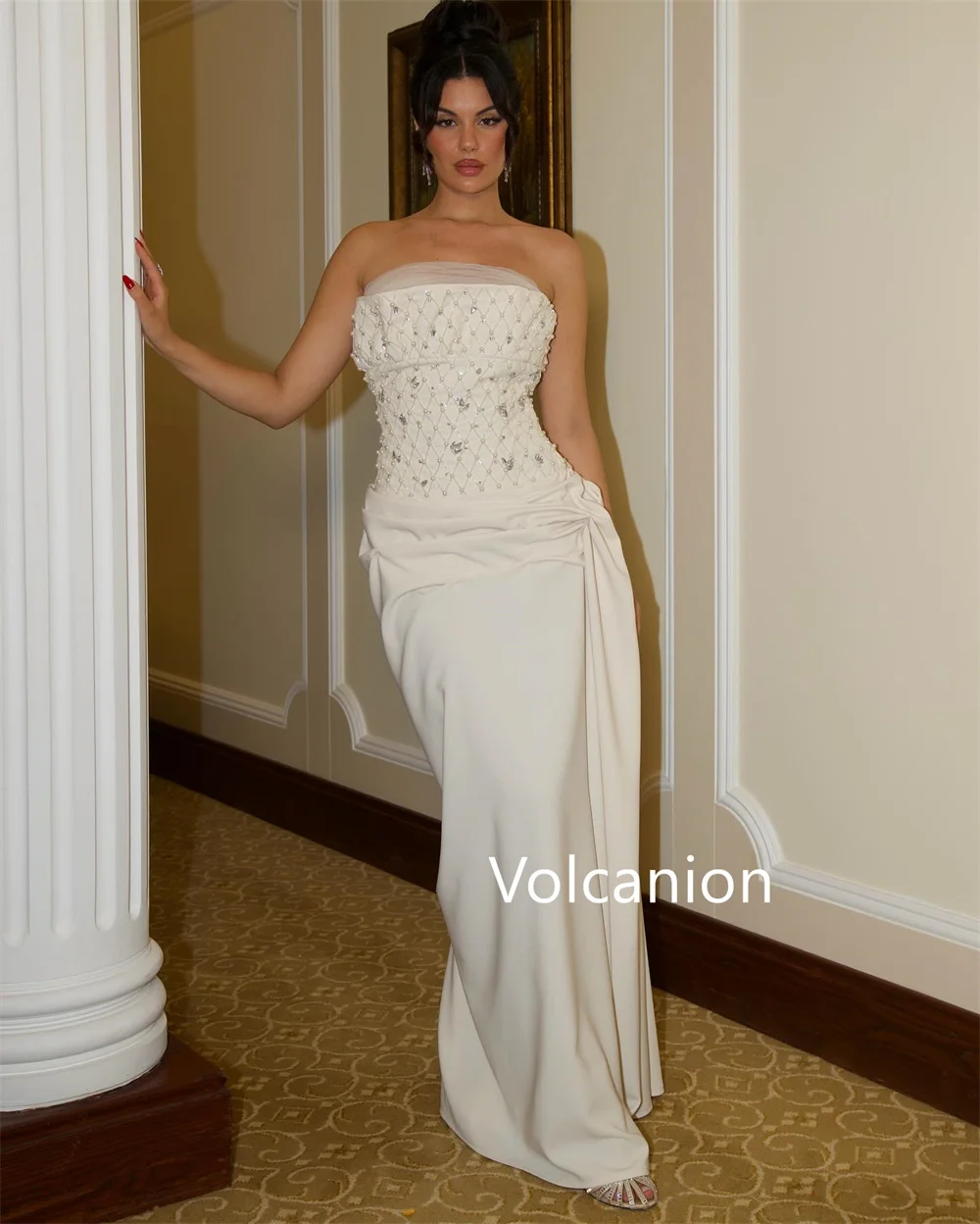 Customized Exquisite Jersey Pleat Sequined Straight Strapless Long Dresses Bespoke Occasion Party Fashion Modern Style