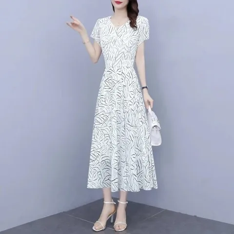 

Fashionable Elegant Women's Dress Summer Korean Style V-neck Short Sleeve Slimming Midi Length Affordable Gown