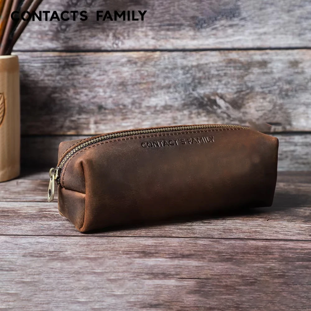 CONTACT'S FAMILY Vintage Genuine Leather School Pencil Cases For Girls Boys adults Storage Pens Pouch Holder Stationery Bags