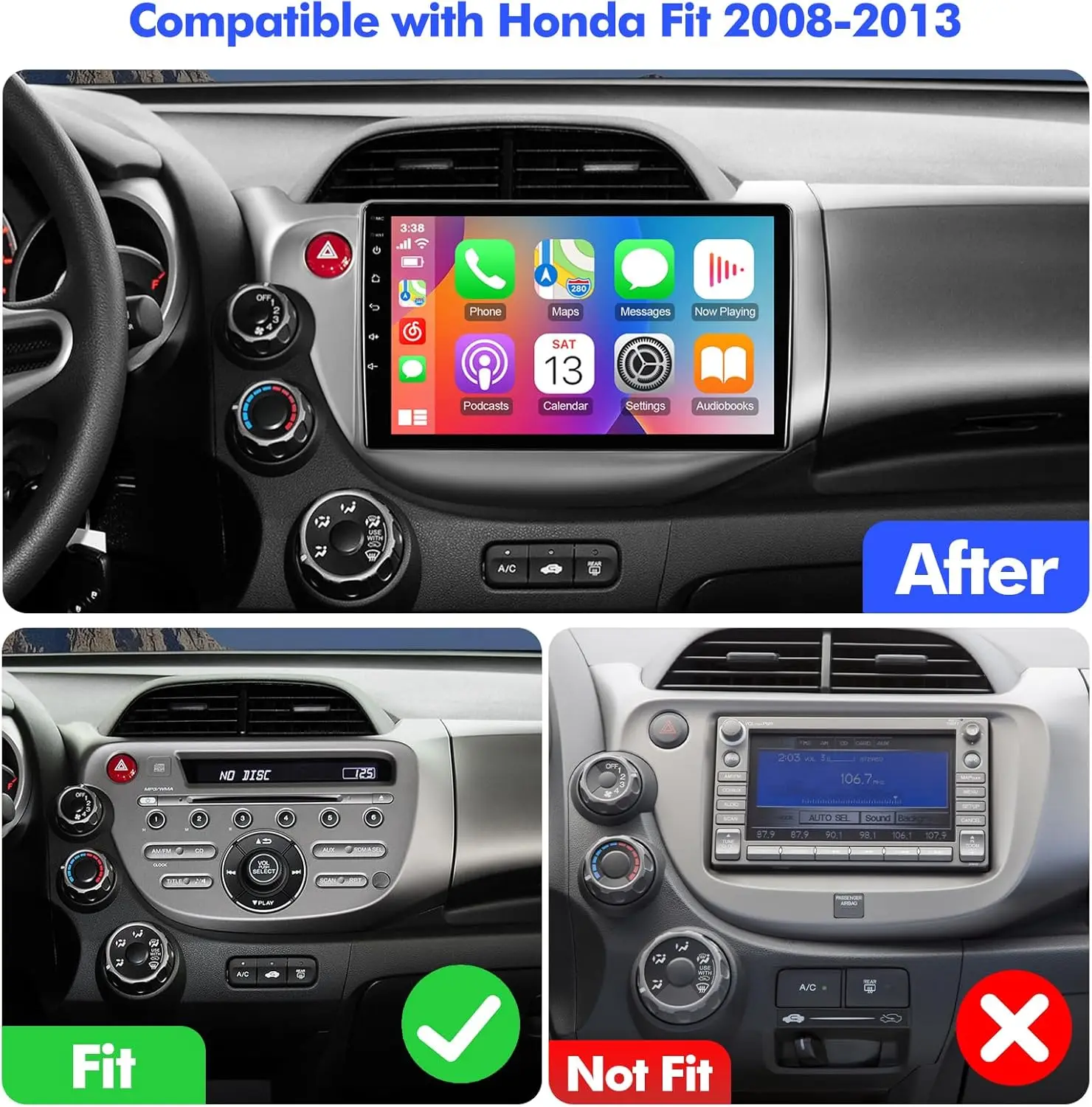 ستيريو سيارة أندرويد 12 مزدوج الدين مقاس 10.1 بوصة لهوندا فيت 2008-2013، بلوتوث 5.4، واي فاي 6، كاربلاي لاسلكي، أندرويد أوتو، نظام تحديد المواقع العالمي، الخلفي