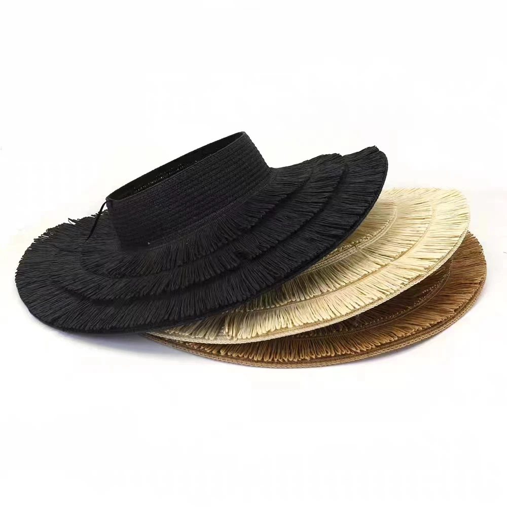 2023 New Fashion Women\'s Large Eaves Straw Sun Hat Summer Designer Beach UV Protection Empty Top Tassel Straw Hat Wholesale