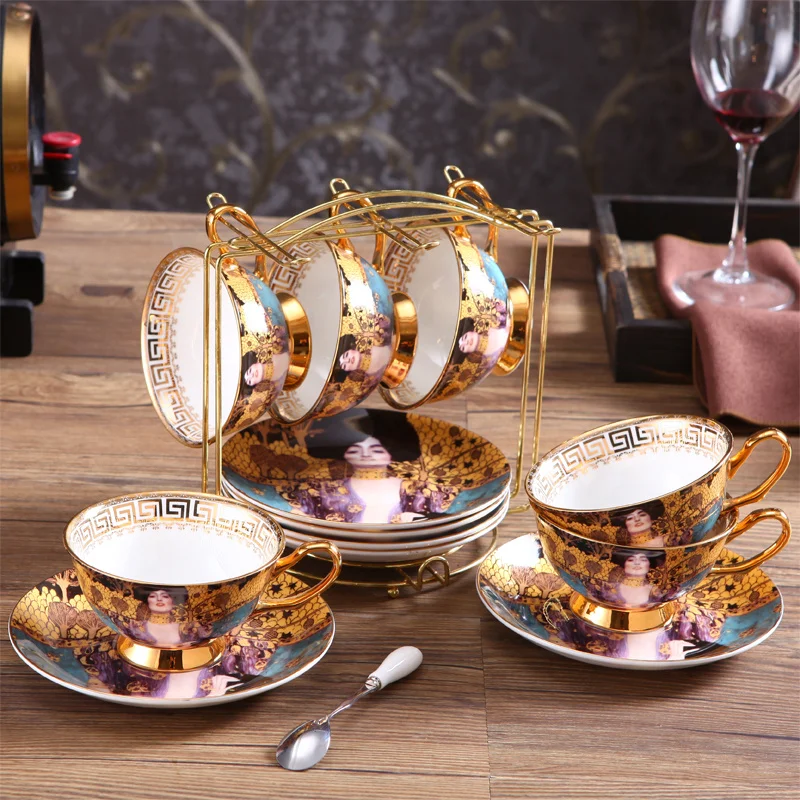 Coffee Cup And Saucer Set Klimt Judith Vintage Bone China Cafe Cup Gustav Klimt Porcelain Tea cups with Spoon Drinkware Coffeewa