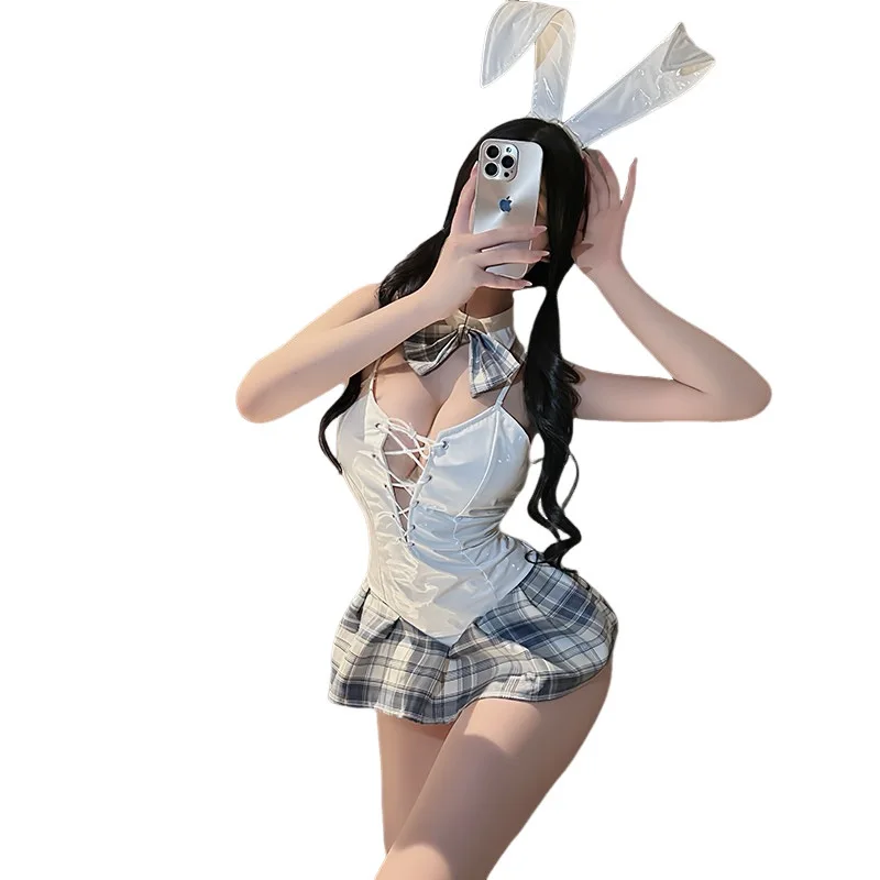 

Anime Plaid Skirt Cute Bunny Girl Uniform Cosplay Costume JK Japanese Student Outfits Women Sexy Nightwear Pu Leather Underwear