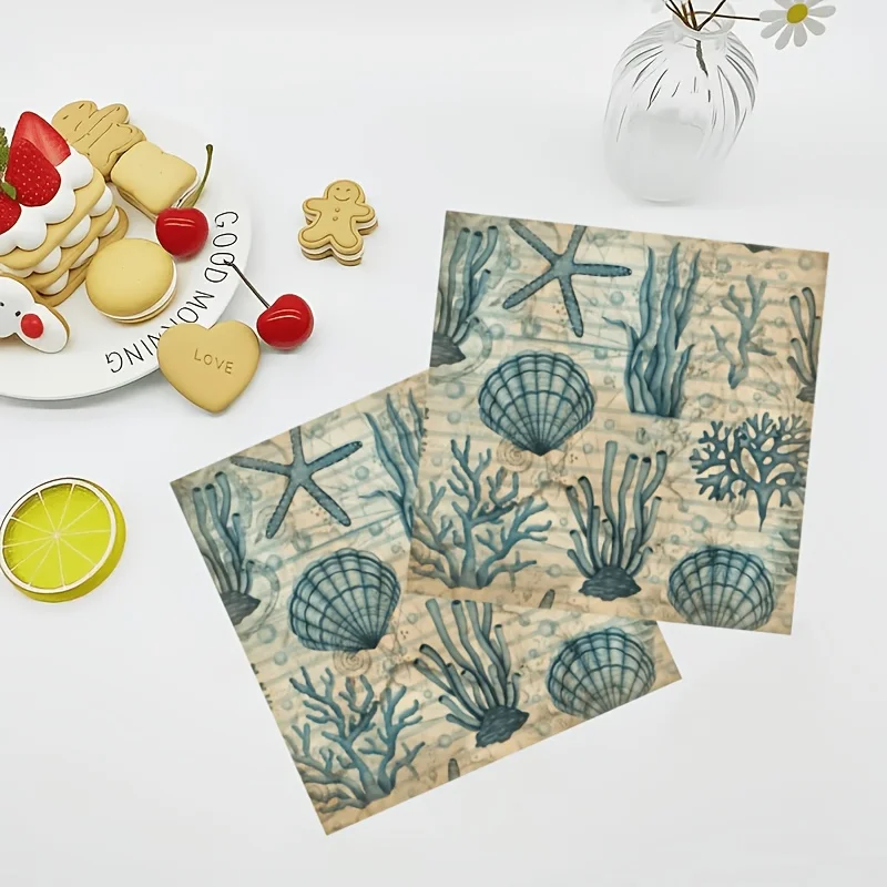 10 piezas de servilletas con temática de playa de verano, estilo de diseño vibrante, adornadas con estrellas de mar, coral y patrones de conchas inspirados en la playa, ideales para fiestas de playa de verano, reuniones familiares, fiestas en la piscina y otras ocasiones.