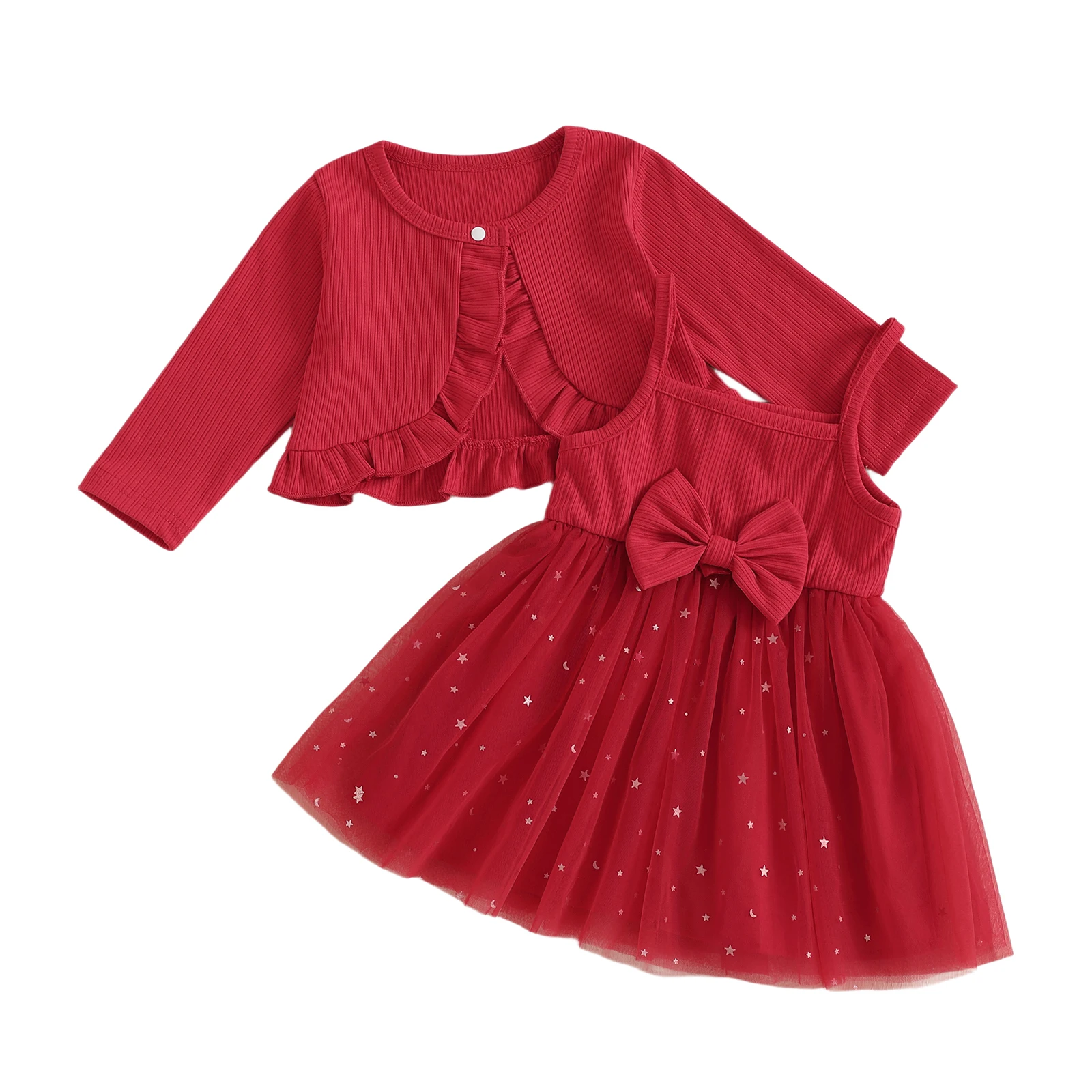 

Girls 2-piece Outfit Shiny Stars Tulle Slip Dress with Long Sleeve Jacket Fall Outfit for Casual Daily