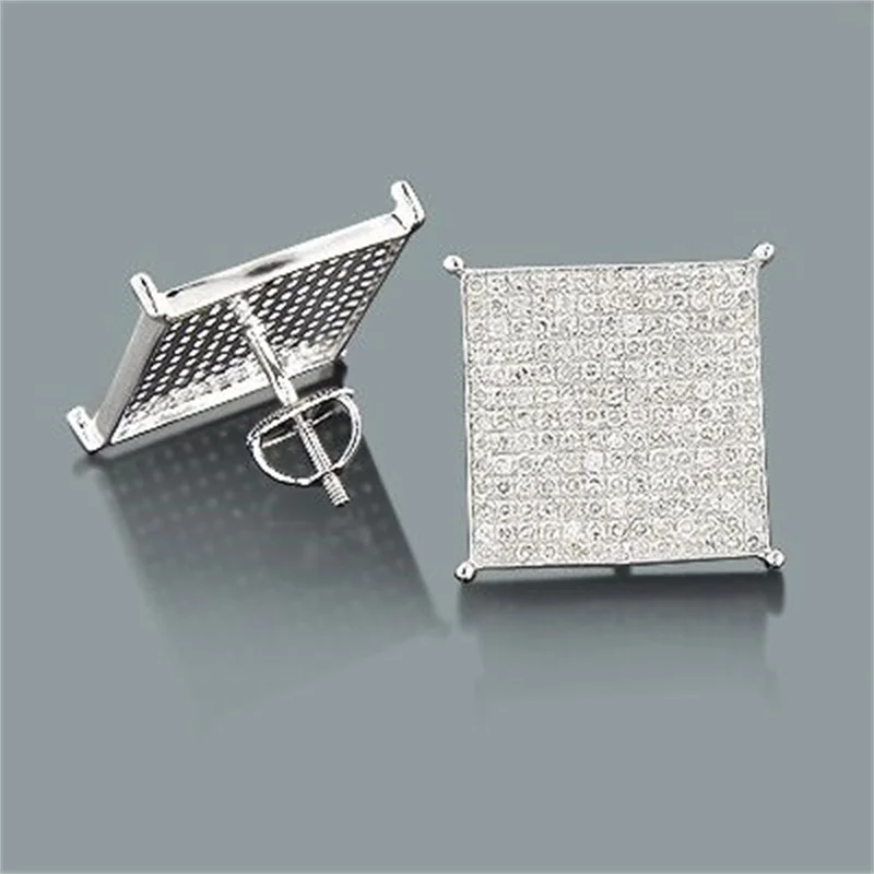 Minimalist Hiphop Geometric Square Ear Stud Bling Full Cubic Zircon Silver Color  Stud Earrings For Women Men Fashion Jewelry