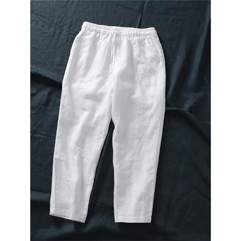 

Белые льняные мужские повседневные брюки с широкими штанинами, новинка весеннего сезона, модные, свободного кроя, прямого силуэта, длина 7/8, для летнего сезона
