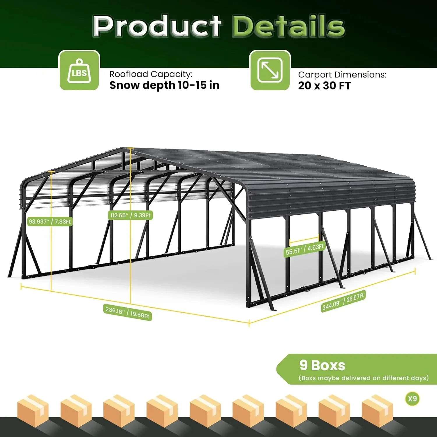 20x30FT Heavy Duty Metal Carport, Outdoor Portable Car Garage w/Reinforced Support Rods & Windproof Ground Anchors, All-Season V