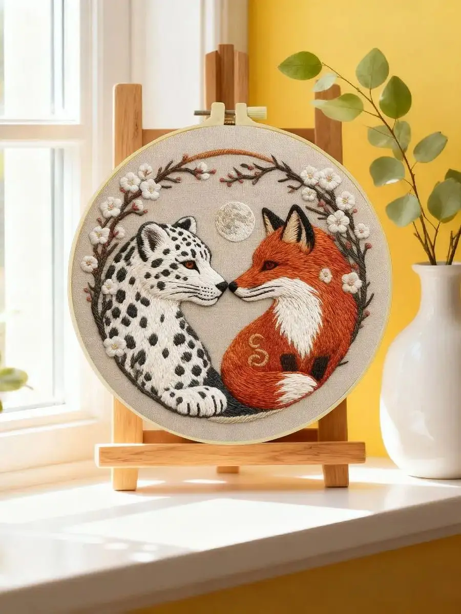 1 Stück 20X20CM/15X15CM 7,87/6,3 Zoll Der Fuchs und der Leopard Stickerei-Starter-Kit DIY-Kit DIY-Stickerei-Set Handarbeiten – Detail 6