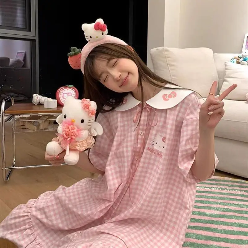 

Sweet Lovely Women Cardigan Nightgown New Summer Student Pajamas Short Sleeved Fashionable Trendy Home Clothes Sweat Absorbing