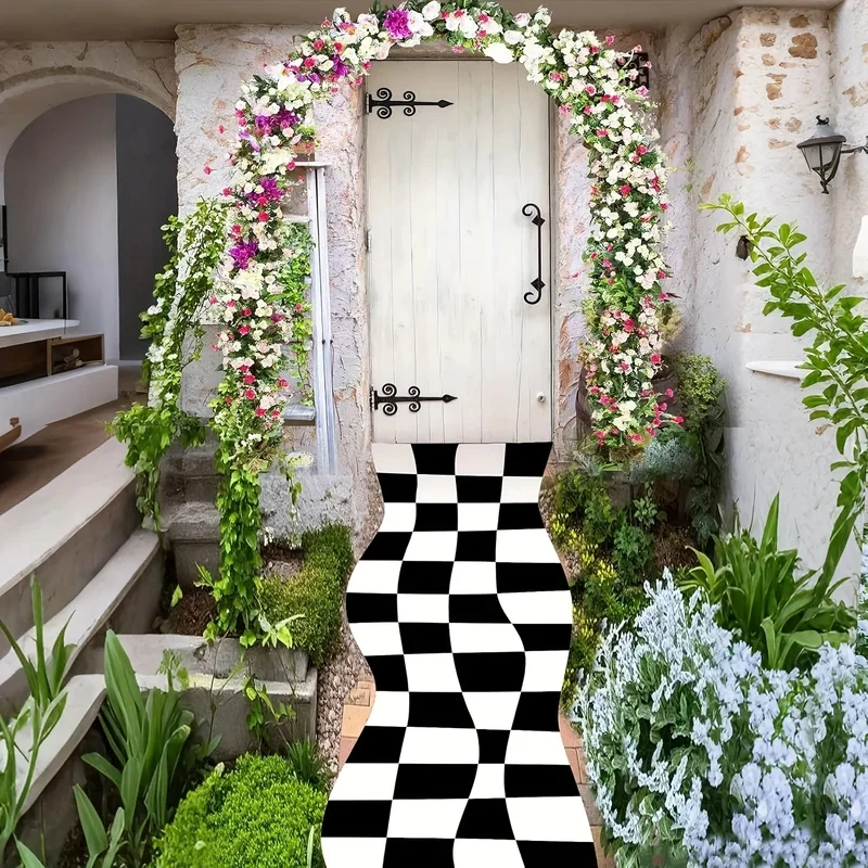 VIKAMA Fairyland Checkered Rug Black White Non-Slip Runner Carpet for Home Floor Decor Wedding Birthday Party Outdoor