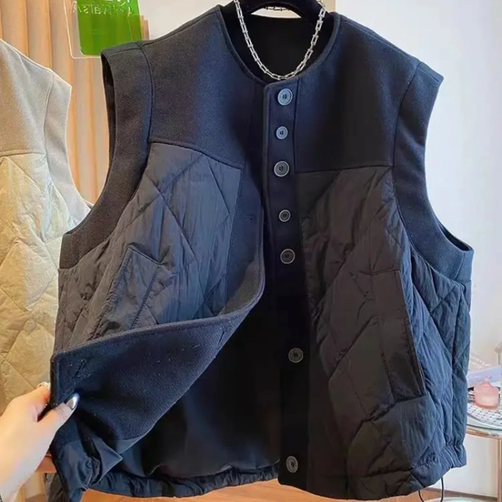 

Свободный жилет без рукавов большого размера, женское осенне-зимнее новое утолщенное теплое пальто Y2k, однобортные топы с круглым вырезом Mujer