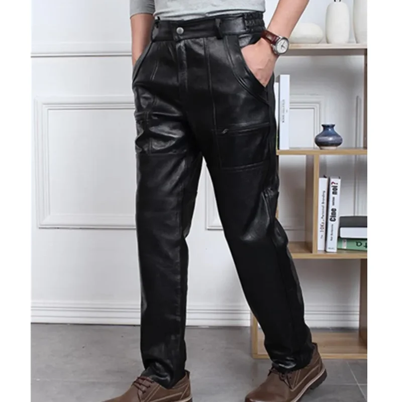 Men's Leather Pants, Large Size, Thickening, Motorcycle Cowskin Pants, Windproof Genuine Leather Trousers, Autumn And Winter