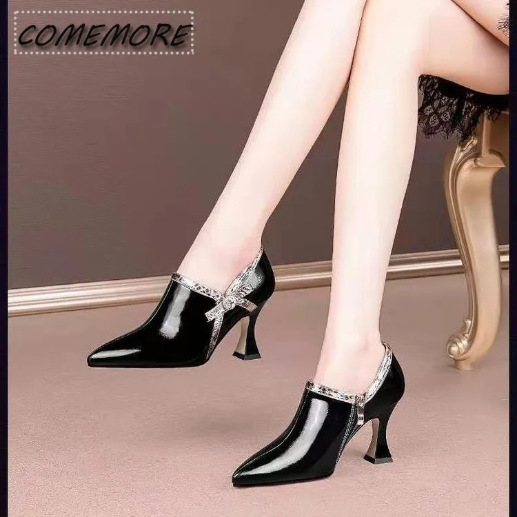 Fashion Shoes Women New Pumps High Heels Pointed Toe Rhinestone Bowtie Side Zip Elegant Female Footware Black Green Comfortable