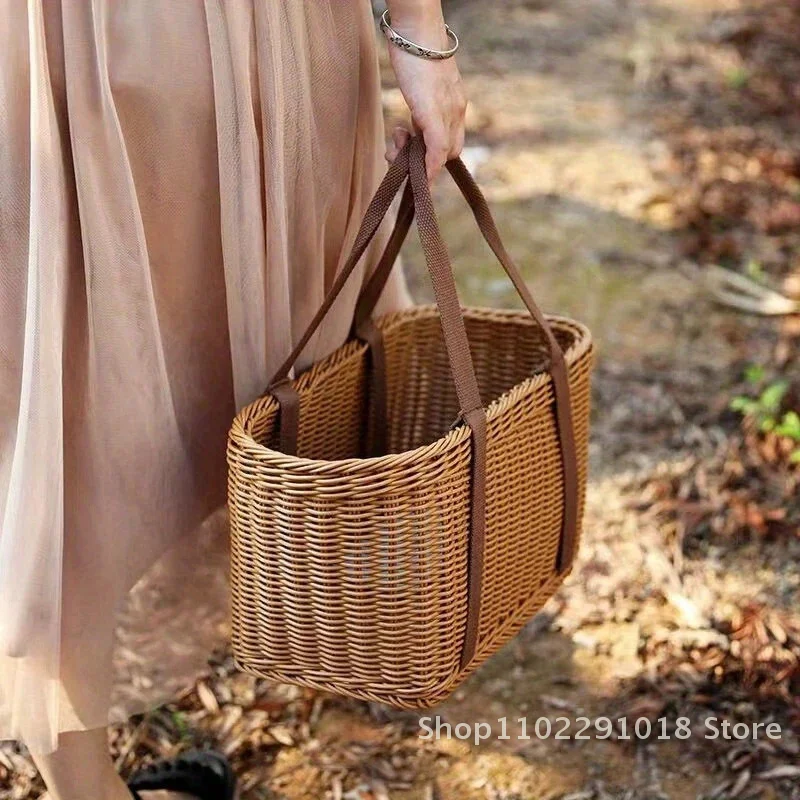 

Hand Woven Picnic Basket Imitation Rattan Large Shopping Baskets Fruit Vegetable Storage Basket With Handle
