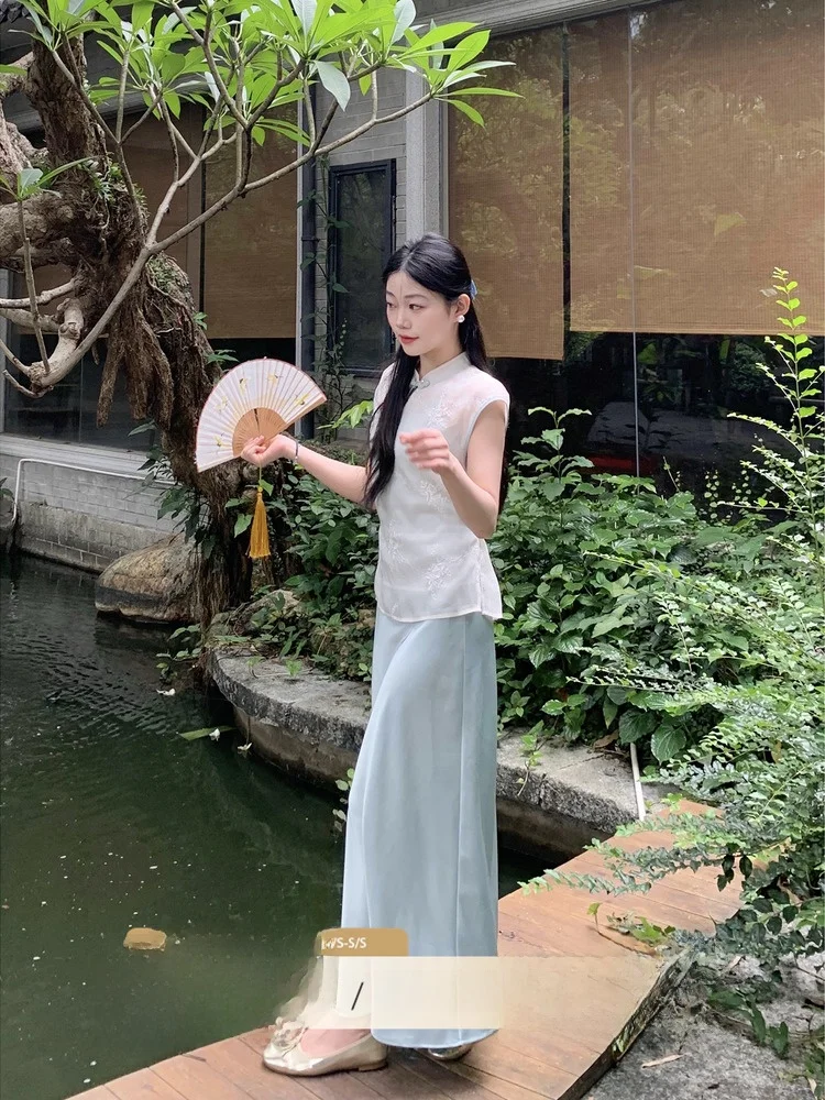 

Новый китайский комплект с длинной юбкой для женщин: модный летний наряд, топ и юбка, повседневная одежда из полиэфирного волокна