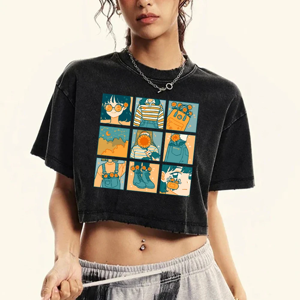 Nine Palace Grid Orange Girl Illustration Print Female T-Shirt Washed Fitness Crop Top Harajuku Clothing Cotton Crewneck T Shirt