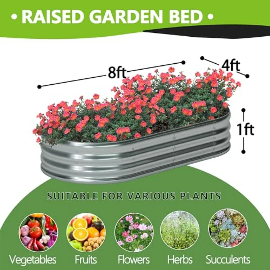 Outdoor vegetable and herb planting: galvanized steel oval raised garden bed, silver, 8x4x1 ft, 2-pack, rust-resistant and dura