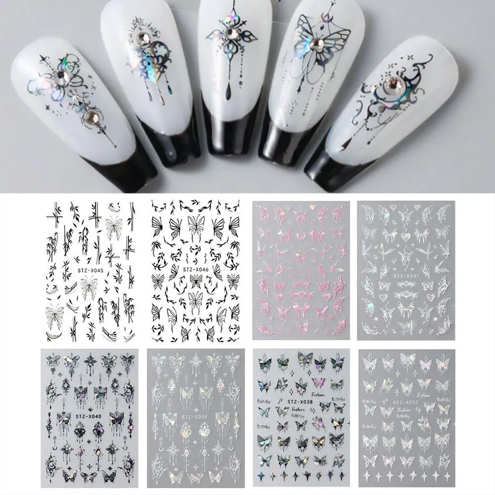 Autocollants pour ongles à paillettes noires 5D, décalcomanies adhésives de manucure en fleurs, curseur de transfert de printemps, décor d'art floral, N0K4