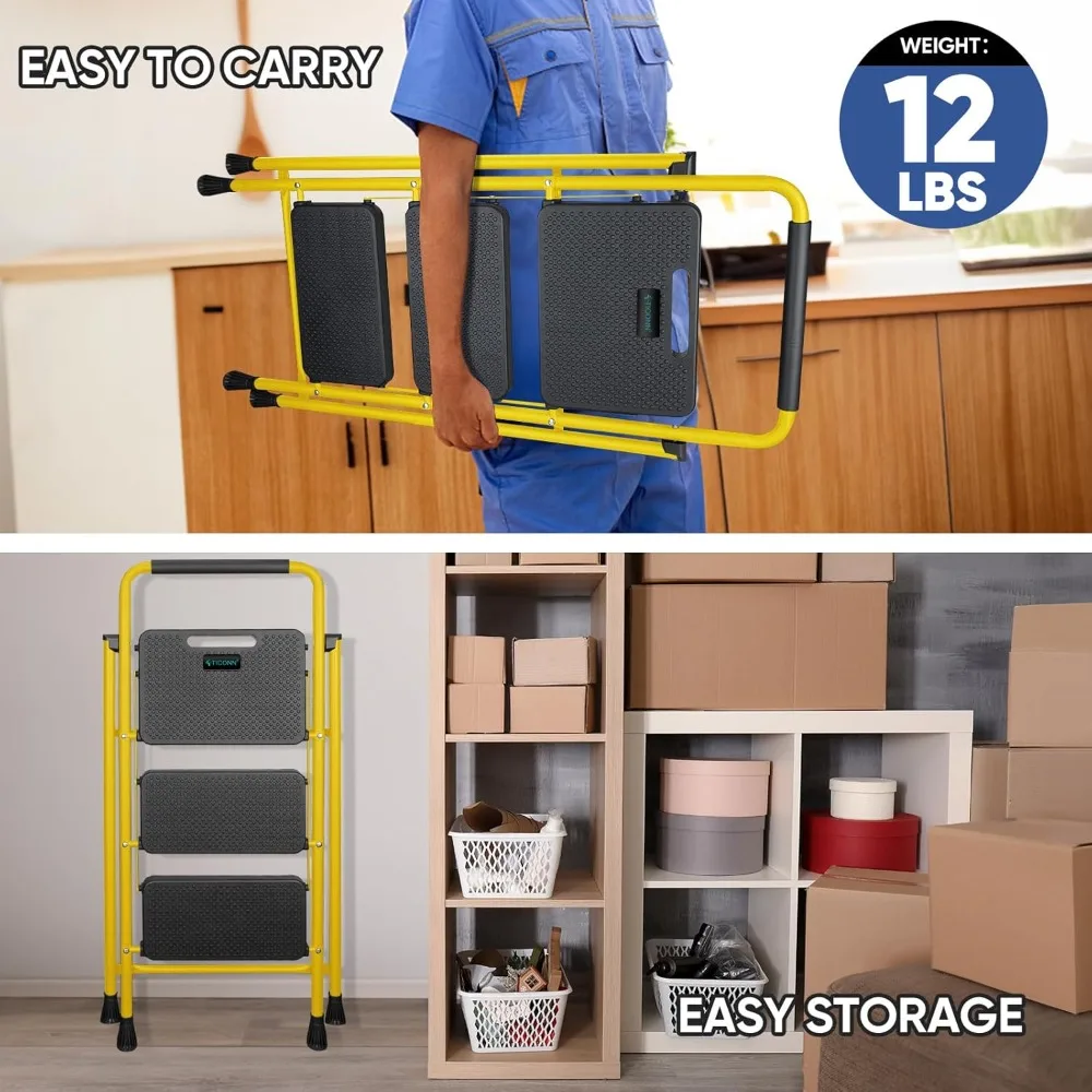 3-traps ladder, robuuste opvouwbare opstapkruk, draagbare stalen opvouwbare kruk voor huishoudelijke garageopslag (geel)