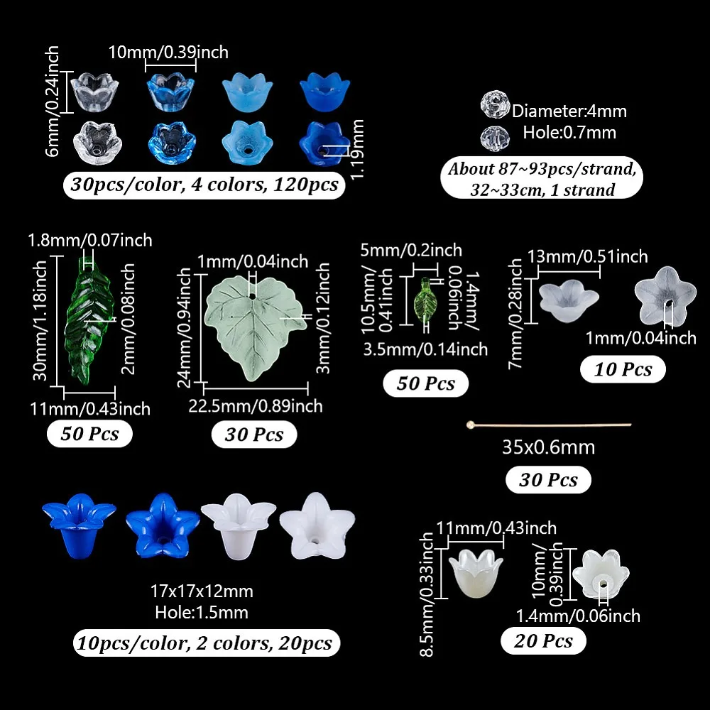 DIY Acrylic Beads Kits include Acrylic Pendants Transparent Acrylic Beads Caps Opaque Acrylic Beads Brass Ball Pins Flower