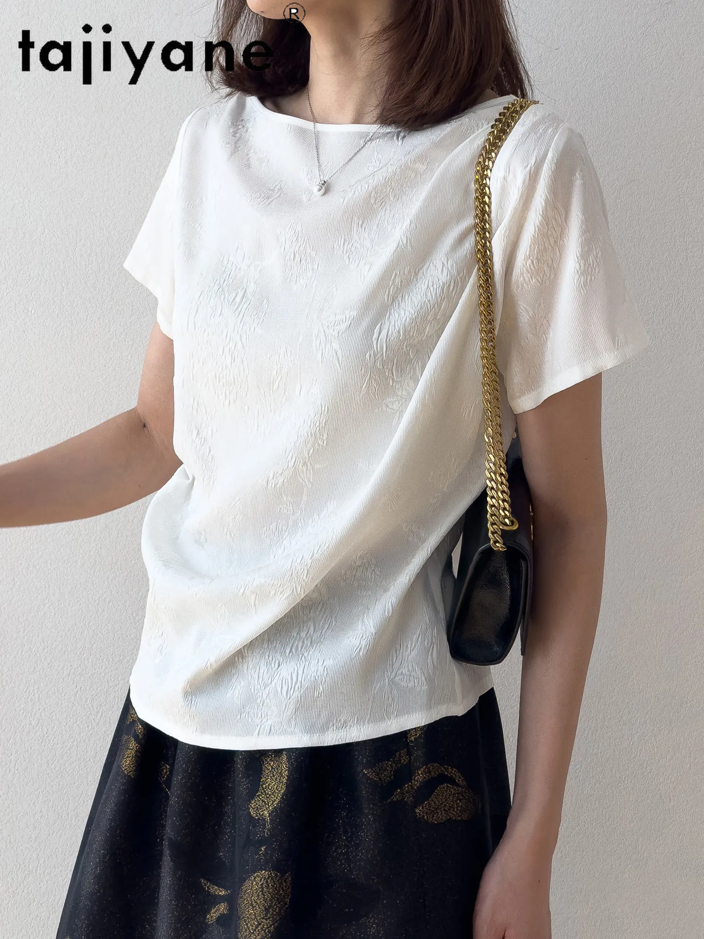TAJIYANE 18MM 93% Mulberry Silk Women T Shirts Jacquard Solid Color T Shirt Real Silk Summer Tops for Woman Clothes 2026 ropa