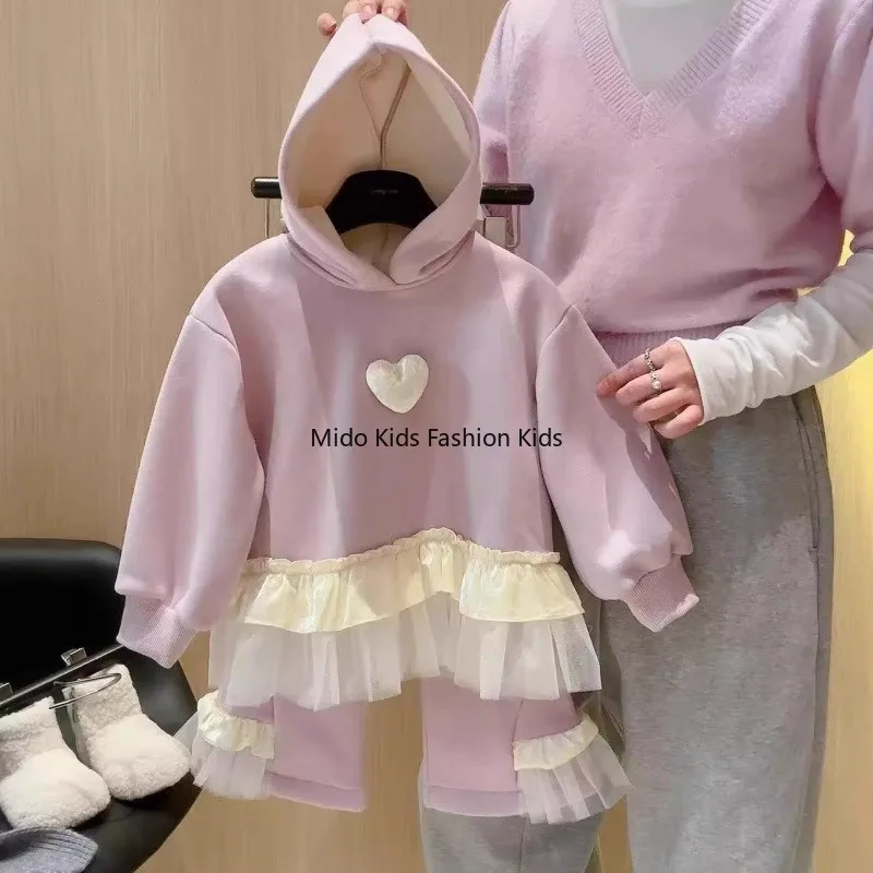 Girls' Casual Set 2025 Winter Children's Fashion Fleece-Lined Warm Hooded Sweatshirt and Wide-Leg Trousers Two-Piece Set