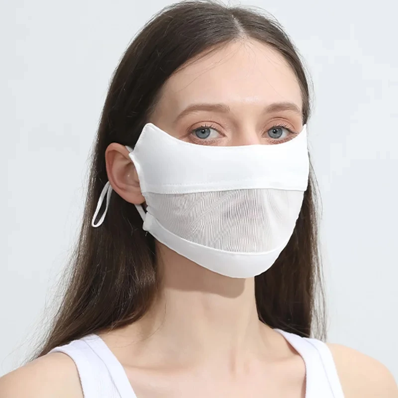 Women Ice Silk Mask Thin Breathable Mesh Face Cover Summer Outdoor Sunscreen Mask Adjustable Anti-UV Cycling Running Sport Mask